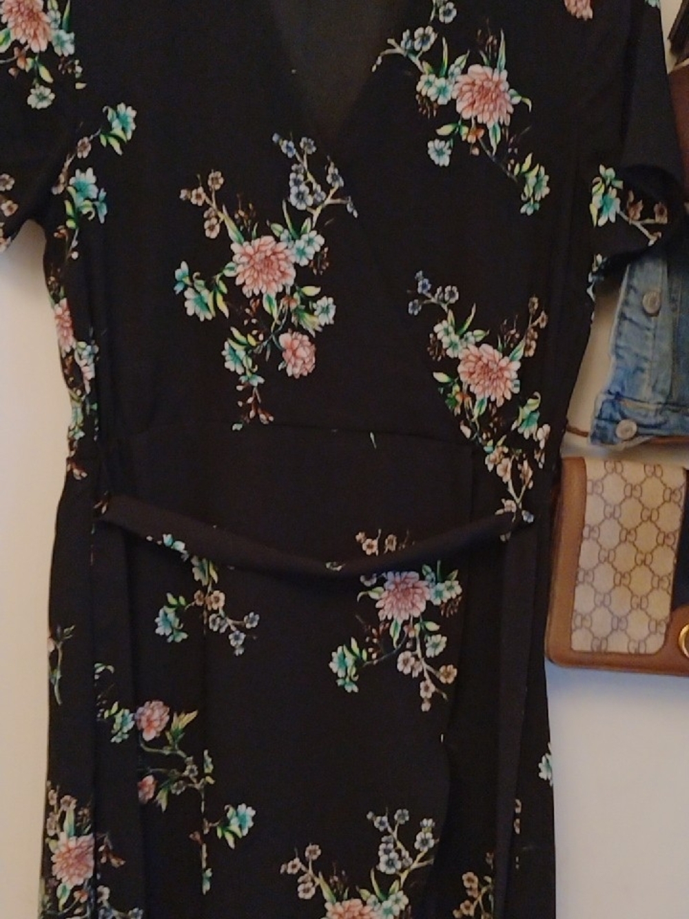 Black Floral Wrap-Style Dress with Pink & Teal Flowers